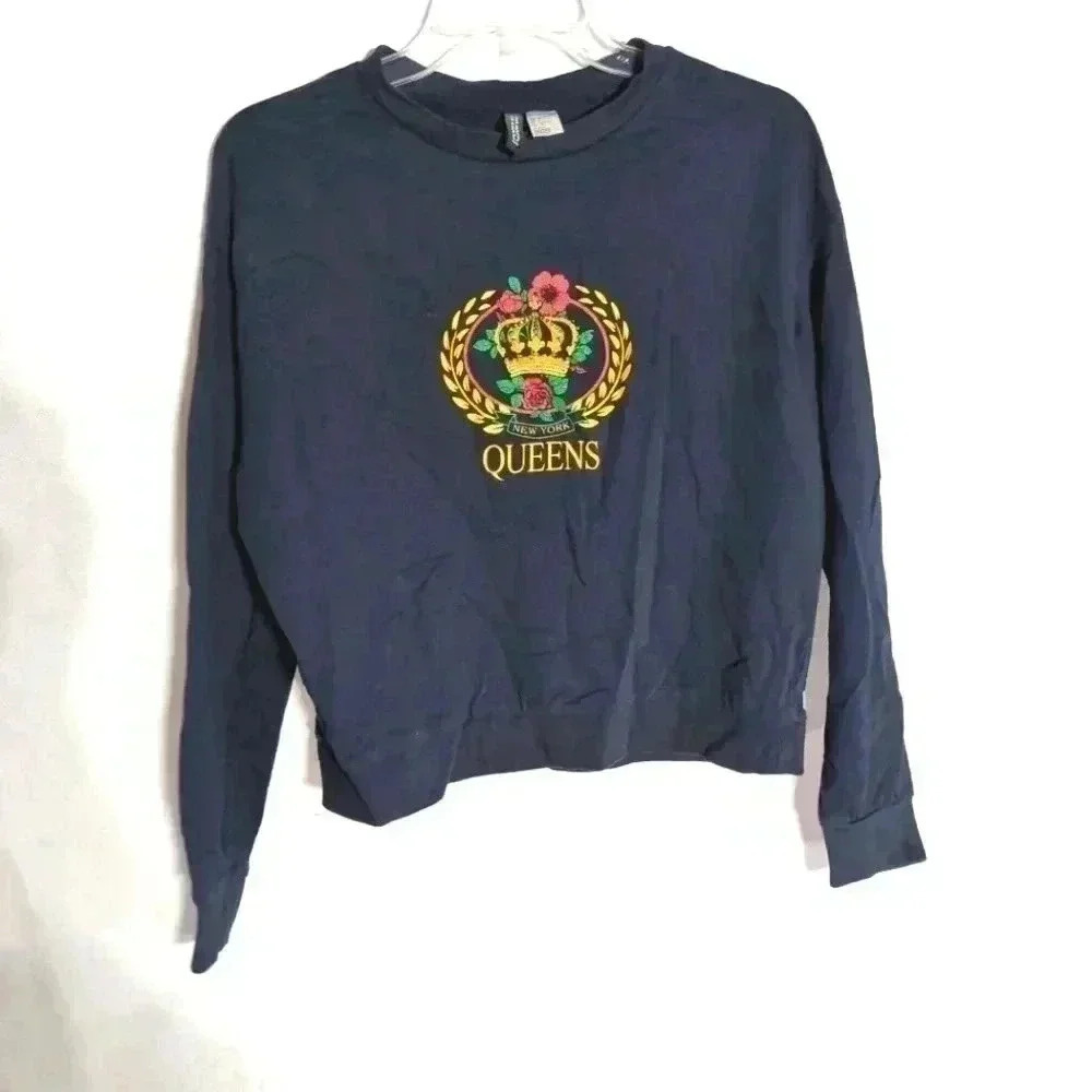 Ladies Queens NY Gold Crown navy long sleeve top Sz S